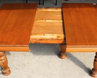 NICE ANTIQUE SOLID Oak Dining Room Table with 4 Original Self Storing Leaves – Nice Beefy Turn Legs 

Auction Estimate $200-$400 – Located Inside 

  
