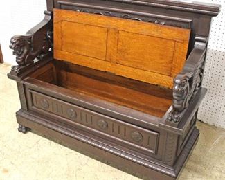  ANTIQUE Highly Carved and Ornate Quartersawn Oak Wing Griffin Lift Top Hall Seat in the Original Finish

Auction Estimate $400-$800 – Located Inside 