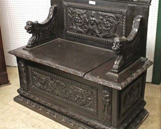 ANTIQUE Continental Oak Highly Carved Lift Top Hall Bench in the Original Finish 

Auction Estimate $300-$600 – Located Inside 
