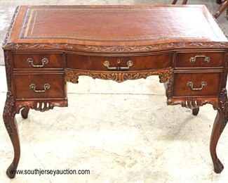 NICE VINTAGE Burl Mahogany Leather Top Ladies Writing Desk with Carved Edge and French Style Legs 

Auction Estimate $300-$600 – Located Inside 
