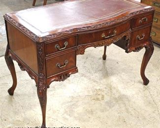 NICE VINTAGE Burl Mahogany Leather Top Ladies Writing Desk with Carved Edge and French Style Legs 

Auction Estimate $300-$600 – Located Inside 
