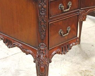NICE VINTAGE Burl Mahogany Leather Top Ladies Writing Desk with Carved Edge and French Style Legs 

Auction Estimate $300-$600 – Located Inside 
