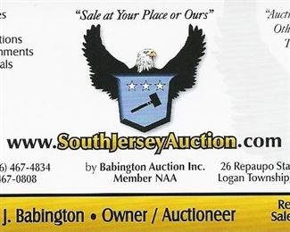  40+ Estates and Personal Property Auction including Antiques, Vintage, Mid-Century, Modern, Designer, Contemporary, New & Brand Name Furniture, Fine Jewelry, Rugs & Carpets, Lighting, Coins, Artwork, Lawn & Garden, Tools, Collectibles & Smalls and much much more!
A FUN – ACTION – PACKED – AUCTION
LIVE | ABSENTEE | PHONE BID | IN-PERSON
Sunday – September 22, 2019     (856) 467-4834  www.SouthJerseyAuction.com
Doors Open 8:00 am – Auction Starts 8:30 am
Preview: Saturday 8:30-3:00 pm 