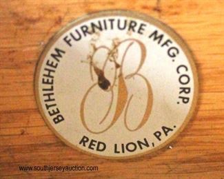 PAIR of “Bethlehem Furniture Mfg. Corp. Red Lion, PA.”

Oval One Satinwood One Door 1 Drawer Bedside

Auction Estimate $200-$400 – Located Inside