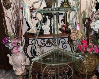 ANTIQUE FOLDABLE WROUGHT IRON BEVELED GLASS SHELVES CORNER STAND - THERE IS A MINOR CHIP ON SECOND GLASS NOT NOTICEABLE ...  $140
