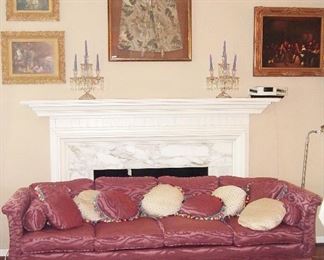 Pretty "pink" brocade sofa in excellent condition custom everything w/ pillows, of course