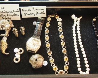 Both Lagos and Yurman gold and sterling jewelry--pr. Lagos Gold and Sterling Earrings, 18K Gold & Sterling Lagos Leaf Enhancer and another enhancer, Fine David Yurman Gold & Sterling Renaissance Necklace, Angel Skin Coral Necklace, Onyx & Gold Necklace