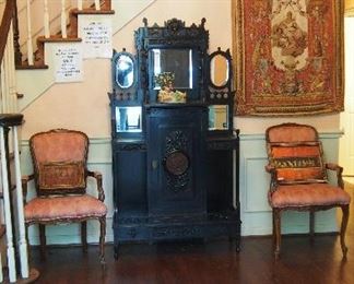 Fine Pr. Armchairs, Gorgeous Victorian Cabinent, French Trapestry