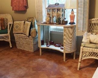 Vintage White Wicker vanity, chairs, chests, side tables and more