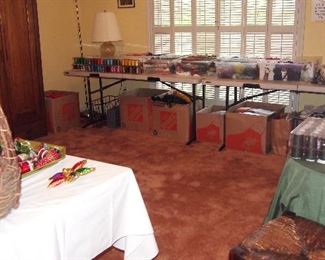 Room full of quilting fabrics, threads and GREAT vintage Blown Christmas Ornaments