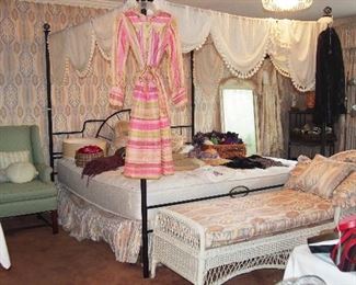 Darling Metal Canopy Bed, Nice Vintage White Wicker Chaise