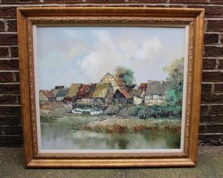 Willi Bauer painting.  Buildings Along Stream