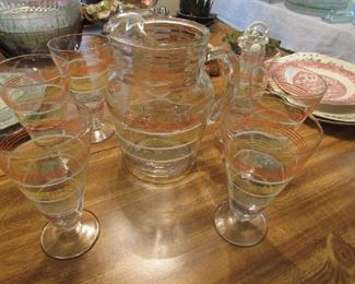 Retro striped Pitcher and 6 glasses