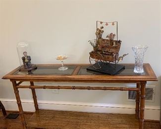 Cane cut glass top console/sofa table