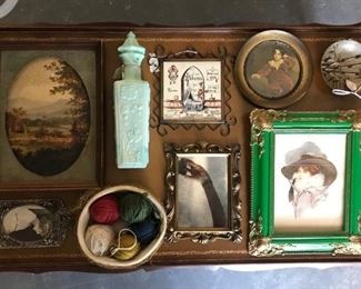 lot of picture frames, opaline glass bottle