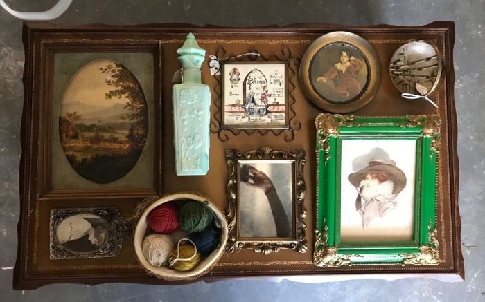 lot of picture frames, opaline glass bottle