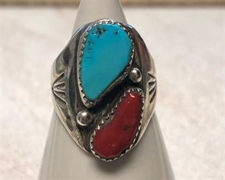 Native American Indian Sterling silver ring with turquoise and carnelian