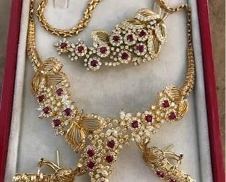Ruby and Diamond 18kt Gold Necklace, Brooch, and Pierced Earring Set