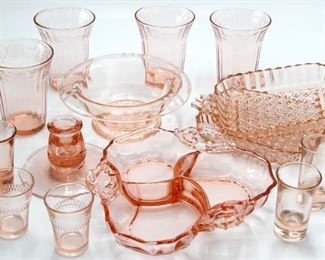 Pink Depression Glass including Jeannette Glass Cherry Blossom