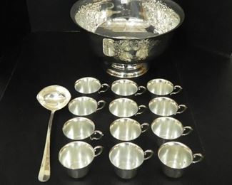 Silverplate Punch Bowl, Ladle, and Twelve Cups