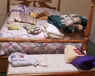 queen size bed, quilts , linens, cedar chest