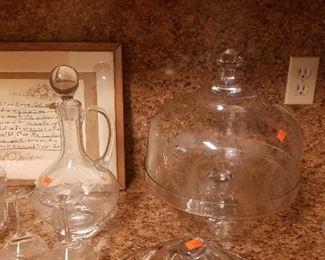 Etched glass cake container and etched glass decanter with 2 matching glasses