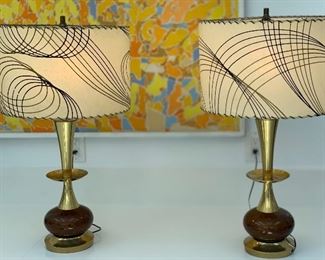 Pair of midcentury brass and enamel lamps with original fiberglass shades