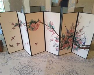 Japanese Blossoms Painted Panel Display, 6 Panels.