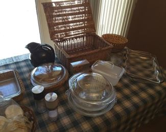 Bakeware, Salt and Pepper Shakers Sets. Picnic Basket, Basket, Ceramic Black Water Pitcher. Serving Glass Platters.