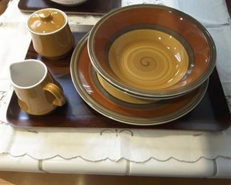 Yellow and Brown Design Serving Salad Bowls, 2, Large Platter, Vintage Creamer and Sugar, Yellow and Brown. Wood Serving Tray.