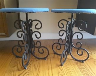 Two Short Metal Stools Blue Cushions