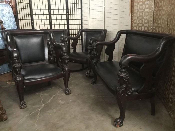 Lot 42 - 5 pc set - Antique French Empire Carved Mahogany Couch/Chairs with Leather Cushioned Seats