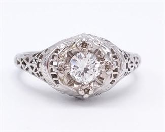 Beautiful Art Nouveau Filigree Diamond Estate Ring in 18k White Gold