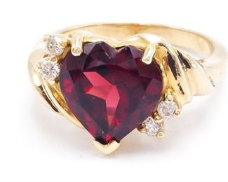 Ladies Heart Shaped Garnet and Diamond Estate Ring in 14k Yellow Gold