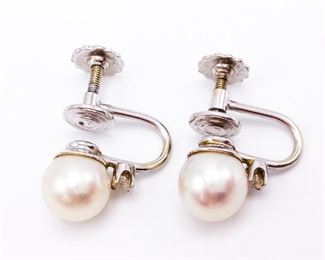 Elegant Pearl Estate Earrings in 14k White Gold