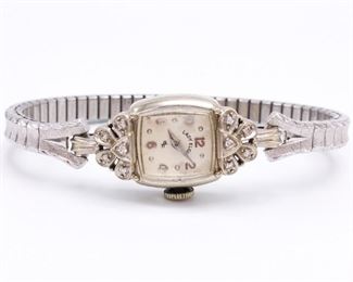 Vintage Ladies Diamond & 14k White Gold Elgin Estate Watch