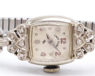 Vintage Ladies Diamond & 14k White Gold Elgin Estate Watch