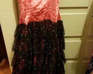 Beautiful vintage ladies black lace and pink satin evening gown sold