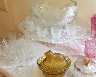 Large Crystal punch bowl on stand with cups