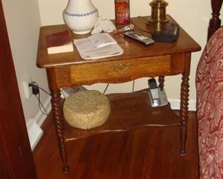 Antique spool leg stand and misc. items