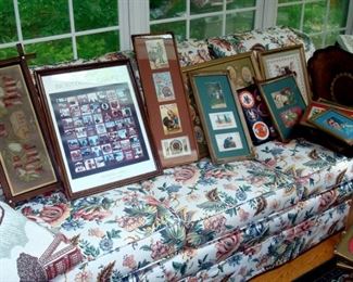 Antique framed items including post cards