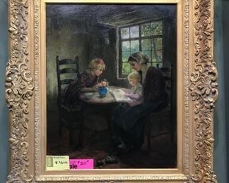 "Reading Time", Cornelius Zwaan, oil on canvas, circa 1910, 42 x 36 in. framed. Sale Price $5900.