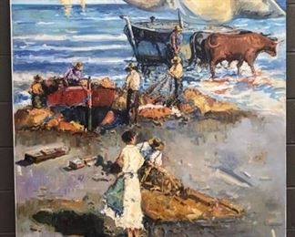 Pedro Fraile, Fishing Boats on the Beach, Unloading the Catch", oil on canvas, 96 x 48 in. unframed.  Price on request.
