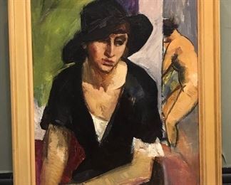 Alfred Grimmer, Anne, Portrait of the Artist's Sister, c. 1930, oil on canvas, 36 x 30 in. as framed. Sale Price $1000.  Grimmer was a 1920 graduate of the AIC and became an engineer and industrial designer in the 1930's,  failing to secure a future as an artist during the depression.  He designed railroad cars, tanks and airplanes for the Pentagon during WWII. 
