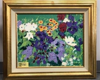 B. Simons, "Blue, Purple, White and Red", oil on canvas, 34 x 40 in. framed. Sale Price: $1400.