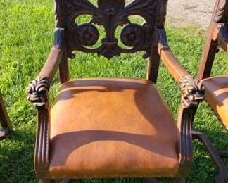full set of 8 vintage dining room chairs - ornate wood carved handles and backs