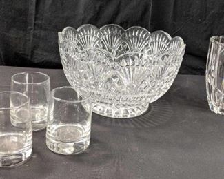 Glass Punch Bowl, Vase, and Glasses