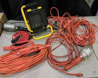 Work lights, extension cords and shop heater