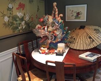Silk 4-panel painting-fab round Chinese rosewood teak table with 8 matching chairs-silk cushions-pristine--HUGE dragon head for Lion Dance-parasol 