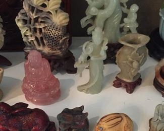 jadeite, rose quartz, soapstone carvings